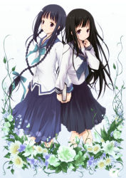 10s 2girls amano_tooko black_hair book braid bungaku_shoujo chitanda_eru daisy_(flower) flower green_flower holding_hands hyouka kamiyama_high_school_uniform_(hyouka) lily_(flower) lily_of_the_valley long_hair multiple_girls nora-toro purple_eyes rose school_uniform serafuku skirt smile twin_braids very_long_hair white_flower white_rose