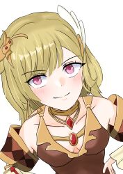 1girl absurdres blonde_hair breasts brown_dress citrinne_(fire_emblem) dress earrings fire_emblem fire_emblem_engage from_above gold_choker gold_trim hair_ornament highres hoop_earrings jewelry looking_up medium_breasts nintendo red_eyes sikimegane smile wing_hair_ornament