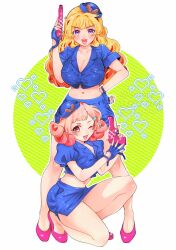 Rule 34 | 2girls, blonde hair, blue gloves, blue skirt, blush, bracelet, breasts, filter-goshi no kanojo, fingerless gloves, gloves, green background, hands up, hat, highres, jewelry, kagurazaka minami, koto mitsuha, large breasts, long hair, looking at viewer, multiple girls, navel, official art, on one knee, one eye closed, oomsz, open mouth, panties, pink eyes, pink hair, pink slippers, police, police hat, police uniform, purple eyes, short hair, simple background, skirt, slippers, smile, toy gun, underwear, very long hair, white background, white panties