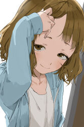 1girl absurdres adjusting_hair blue_jacket brown_eyes brown_hair commentary_request highres himemiya_yuki jacket long_sleeves looking_at_viewer manemane_nichinichi open_clothes open_jacket shirt short_hair smile solo upper_body white_shirt yamamoto_souichirou