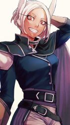 Rule 34 | 1girl, animal ears, belt, black belt, black shirt, boku no hero academia, dark-skinned female, dark skin, grin, highres, long sleeves, looking at viewer, mimozaotayo, mirko, multiple belts, rabbit ears, rabbit girl, red eyes, shirt, short hair, simple background, smile, solo, white background, white hair