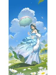 aqua_hair artist_request bare_shoulders black_choker blue_bridal_gauntlets blue_dress blue_sky border choker cloud commentary_request daisy_(flower) day dress eyelashes fairytale_swan_(infinity_nikki) feather-trimmed_dress feather_hair_ornament feathers field floating_clothes flower flower_field fur_shawl gown grey_eyes hair_ornament highres holding holding_umbrella infinity_nikki lace-trimmed_umbrella long_hair mountain nikki_(series) official_alternate_color outdoors parasol parted_lips petals pillarboxed shawl sky strapless strapless_dress striped_clothes striped_dress third-party_source tree umbrella vertical-striped_clothes vertical-striped_dress wavy_hair white_border white_flower white_shawl white_umbrella wind