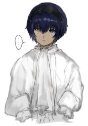 Rule 34 | ..., 1boy, :/, ascot, blue hair, collared shirt, commentary, cosplay, costume switch, cropped torso, dark-skinned male, dark blue hair, dark skin, frilled sleeves, frills, hair between eyes, hairband, heterochromia, highres, long sleeves, looking to the side, male focus, metal hairband, metaphor: refantazio, protagonist (metaphor: refantazio), samerkgk, shirt, simple background, sleeves past wrists, solo, speech bubble, spoken ellipsis, white ascot, white background, white shirt
