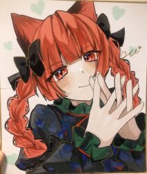 1girl animal_ears black_bow blunt_bangs blush bow braid cat_ears cat_girl closed_mouth commentary_request hair_bow heart highres interlocked_fingers izumi_no_yasushi_aya kaenbyou_rin long_sleeves looking_at_viewer own_hands_together photo_(medium) red_eyes red_hair shikishi side_braids signature smile solo touhou traditional_media twin_braids upper_body