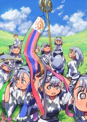 belt black_belt black_bow blush bow camouflage fins fish_girl fish_tail grey_eyes grey_hair grey_kimono hair_between_eyes hair_bow head_fins highres imnim_leef japanese_clothes jinmen-gyo_(kemono_friends) kemono_friends kimono mask mask_on_head multicolored_kimono multiple_girls obi open_mouth ponytail sash short_sleeves sidelocks smile streamers sunglasses tail
