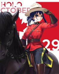 1girl belt blue_eyes blue_hair boots brown_footwear brown_gloves cahryos canada canadian_flag coat commentary english_commentary gloves hat highres hololive hololive_english horse horseback_riding ouro_kronii police red_coat riding royal_canadian_mounted_police virtual_youtuber