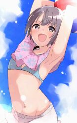 Rule 34 | 1girl, armpits, arms up, ball, beachball, bikini, bikini under clothes, blue bikini, blue sky, blush, breasts, cloud, dot nose, grey eyes, grey hair, highres, holding, holding ball, holding beachball, idolmaster, idolmaster cinderella girls, idolmaster cinderella girls starlight stage, lens flare, looking at viewer, midriff, navel, open mouth, otokura yuuki, short hair, shorts, sky, small breasts, smile, solo, sweat, swimsuit, twitter username, upper body, white shorts, yuki (7thphoneme)