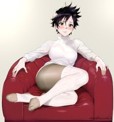 Rule 34 | 1girl, arisawa tatsuki, arm rest, armchair, artist name, black hair, black pantyhose, bleach, blush, breasts, brown eyes, chair, closed mouth, female focus, full body, highres, katzueki, large breasts, long sleeves, looking at viewer, pantyhose, short hair, sitting, solo, sweater, thighhighs, thighs, toeless legwear, toes, turtleneck, turtleneck sweater, white background, white sweater, white thighhighs, yokozuwari