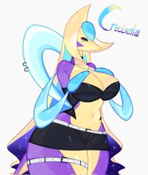alternate_color belt blonde_hair blue_eyes blue_hair blue_sclera breasts choker cleavage colored_sclera colored_skin crescent crescent_hair_ornament crescent_moon cresselia crop_top eyelashes galaxy gen_4_pokemon hair_ornament highres jewelry large_breasts legendary_pokemon looking_at_viewer moon navel nintendo pendant pokemon pokemon_(creature) purple_skin shiny_pokemon short_shorts shorts space thick_thighs thigh_belt thigh_strap thighs togetoge wide_hips yellow_skin