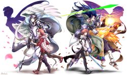 2boys alternate_form alternate_universe angel_wings arano_hachi arm_armor arm_up armor back-to-back barefoot black_footwear black_gloves black_hair black_hood black_pants bleeding blood blood_on_clothes blue_cape blue_hair blue_shirt breastplate brown_eyes brown_hair cape capelet cellphone character_request cityscape cloud cloudy_sky commentary cu_chulainn_(megami_tensei) dappled_sunlight demon demon_girl diagonal-striped_clothes down_jacket dress_shirt drop_shadow dual_persona elbow_gloves evening facial_mark facing_to_the_side feathered_wings fire flying gloves green_capelet green_eyes green_scarf grey_shirt headband highres holding holding_phone holding_polearm holding_sword holding_weapon hood hooded_vest hoodie injury jacket knee_pads leg_armor light_particles long_hair looking_at_another looking_to_the_side magic male_focus male_protagonist_(smt_ldx2) midair multiple_boys night night_sky official_alternate_costume open_clothes open_jacket open_mouth pants phone pixie_(megami_tensei) plaid_clothes plaid_shirt polearm quetzalcoatl_(megami_tensei) red_footwear red_petals red_shirt ruins running scarf see-through_silhouette shin_megami_tensei shin_megami_tensei:_liberation_dx2 shirt short_hair shoulder_armor signature silhouette sky sleeves_rolled_up smartphone smile snake striped_clothes striped_hoodie sunlight sword torn_clothes torn_jacket torn_pants turning_head vest weapon white_armor white_background white_headband white_hood white_hoodie white_pants white_vest white_wings wind wings
