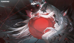 Rule 34 | 1girl, absurdres, akiyadol, barefoot, bug, butterfly, chaos (pgr), disembodied hand, highres, insect, long hair, official art, official wallpaper, one eye covered, parted lips, punishing: gray raven, red eyes, solo, tattoo, white hair