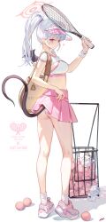 1girl absurdres ass bag ball black_tail black_wings blue_archive blush brown_bag closed_mouth clothes_lift crop_top demon_wings from_behind grey_hair halo haruna_(blue_archive) highres holding holding_racket holding_tennis_racket kneepits lifting_own_clothes long_hair looking_at_viewer looking_back panties pantyshot pink_skirt pleated_skirt ponytail racket red_eyes red_halo shirt shoes shoulder_bag single_wing skirt skirt_lift smile sneakers socks solo sportswear tail tennis tennis_ball tennis_racket underwear upskirt visor_cap wedgie white_panties white_shirt white_socks whoisshe wings wristband