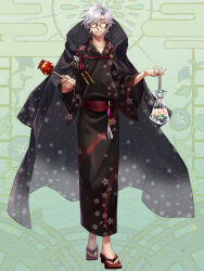 Rule 34 | 1boy, bag, belt charm, black coat, black kimono, charm (object), closed mouth, coat, coat on shoulders, curtained hair, dairoku ryouhei, floral print, floral print kimono, full body, geta, glasses, green background, holding, holding bag, holding candy apple, holding kinchaku, hood, hood down, hooded coat, japanese clothes, kimono, lilac earl owls, long sleeves, looking at viewer, male focus, print kimono, purple eyes, red sash, round eyewear, sash, scallgo, short hair, smile, solo, standing, sweater guard, swept bangs, tassel, white hair, wrinkled skin