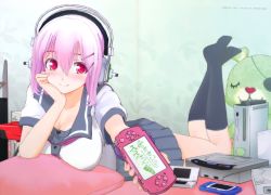 1girl 3d absurdres blush breasts cosplay derivative_work female_focus game_console hair_ornament hairclip hand_on_own_cheek hand_on_own_face handheld_game_console headphones highres kousaka_kirino kousaka_kirino_(cosplay) lying nintendo_ds nitroplus official_art on_stomach ore_no_imouto_ga_konna_ni_kawaii_wake_ga_nai pink_eyes pink_hair playstation_portable school_uniform sega_dreamcast sega_saturn serafuku socks solo stuffed_animal stuffed_toy super_sonico teddy_bear tsuji_santa video_game xbox_360