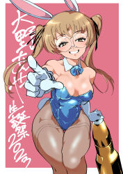 1girl 2023 absurdres animal_ears birthday black_ribbon blue_bow blue_bowtie blue_leotard bow bowtie breasts brown_eyes brown_hair character_name commentary covered_navel detached_collar elbow_gloves fake_animal_ears fake_tail fishnet_pantyhose fishnets girls_und_panzer glasses gloves grey_thighhighs grin hair_ribbon half-closed_eyes highleg highleg_leotard highres holding leaning_forward leotard long_hair looking_at_viewer medium_breasts oono_aya pantyhose pink_background playboy_bunny pointing pointing_at_viewer rabbit_ears rabbit_tail ribbon rimless_eyewear round_eyewear shinkuukan_(tetsuo3) smile solo standing strapless strapless_leotard tail tank_shell text_background thighhighs translated twintails white_gloves wing_collar