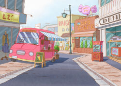 bottle building car_seat chisagogo2 clothes counter food food_stand grey_sky hedge ice_cream ice_cream_stand lamppost license_plate motor_vehicle no_humans original road scenery shadow shop sign sky steering_wheel sunlight van wheel