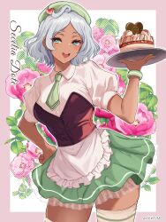 1girl apron artist_name black_corset bracelet character_name cherry collared_shirt commentary_request corset cup dark-skinned_female dark_skin drinking_straw floral_background fluffy_hair food fruit green_eyes green_hat green_nails green_necktie gundam gundam_suisei_no_majo hat heart highres holding holding_tray jewelry mizuno374 necktie open_mouth puffy_short_sleeves puffy_sleeves secelia_dote shirt short_hair short_sleeves skirt solo thighhighs tray twitter_username white_apron white_hair