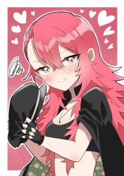 1girl banchou black_gloves black_hat black_tank_top blush border breasts chacha_kamimaru delinquent fingerless_gloves floral_print gloves hat heart highres jacket jacket_on_shoulders jewelry kimi_no_koto_ga_dai_dai_dai_dai_daisuki_na_100-nin_no_kanojo looking_at_viewer medium_breasts necklace red_background red_hair tank_top tomogara_saki upper_body white_border