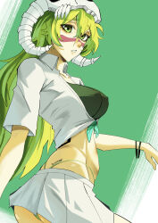 Rule 34 | 1girl, absurdres, alternate eye color, arrancar, bleach, bracelet, breasts, collarbone, facial mark, female focus, green eyes, green hair, highres, jewelry, large breasts, long hair, looking at viewer, mask, mask on head, nelliel tu odelschwanck, parted lips, pastepiphany, scar, scar on face, skirt, skull on head, solo, standing, teeth, thong