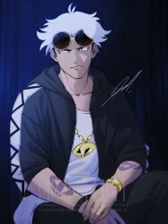 Rule 34 | 1boy, absurdres, arm tattoo, bellatrix (liilillllilll), black eyes, black jacket, bright pupils, closed mouth, collarbone, commentary, eyeshadow, eyewear on head, guzma (pokemon), highres, hood, hood down, hooded jacket, jacket, jewelry, looking to the side, makeup, male focus, necklace, nintendo, pokemon, pokemon sm, shirt, short hair, signature, solo, sunglasses, tattoo, watch, white hair, white pupils, white shirt, wristwatch, yellow-framed eyewear
