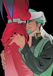2boys beard belt black_background challia_bull char_aznable collared_shirt facial_hair gloves green_eyes green_hair gundam gundam_gquuuuuux hand_on_another&#039;s_ass hand_on_another&#039;s_head hand_on_another&#039;s_leg hand_on_another&#039;s_shoulder highres jacket long_sleeves looking_at_viewer male_focus military_jacket military_uniform multiple_boys mustache necktie nomaumona open_mouth red_jacket shirt short_hair simple_background yaoi