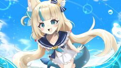 1girl absurdres ahoge animal_ear_fluff animal_ears blonde_hair blue_collar blue_eyes blue_hair blue_sky cat_ears cloud collar dress fins fish_girl fish_tail frilled_shirt_collar frills highres indie_virtual_youtuber long_hair looking_at_viewer low_twintails multicolored_hair one_side_up open_mouth sameko_saba sky sleeveless sleeveless_dress smile solo streaked_hair tail twintails very_long_hair virtual_youtuber water weyas_kayur white_dress
