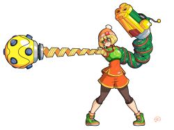 1girl absurdres arms_(game) beanie blonde_hair blunt_bangs bob_cut clochan_(dongin1228) dragon_(arms) eye_mask green_eyes green_shoes hat highres leggings_under_shorts megawatt_(arms) min_min_(arms) orange_shirt orange_shorts shirt shoes short_hair shorts solo stretched_limb transparent_background