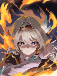 1girl absurdres aett_hayp5725 black_hairband closed_mouth fire firefly_(honkai:_star_rail) grey_hair hair_between_eyes hair_ornament hairband henshin_pose highres honkai:_star_rail honkai_(series) long_hair long_sleeves multicolored_eyes solo transformation two-tone_eyes upper_body