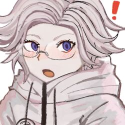 1boy aotsuki_eito blue_eyes blush drawstring glasses hood hoodie male_focus open_mouth parted_hair simple_background solo solo_focus the_hundred_line_-last_defense_academy- white_background white_hair