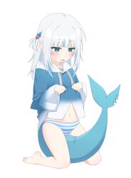 1girl absurdres between_legs blue_eyes blue_hoodie blue_streaks blunt_bangs blush fins fish_tail gawr_gura hair_ornament highres hololive hololive_english hood hoodie kneeling lifting_own_clothes looking_down navel panties shark_girl shark_hair_ornament shark_tail solo striped_clothes striped_panties sweatdrop tail tail_between_legs ugaaaa1 underwear virtual_youtuber white_hair