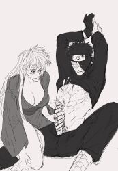 1boy 1girl abs arms_up assertive_female blush breasts censored cleavage closed_eyes cum ejaculation full-face_blush genderswap genderswap_(mtf) handjob hatake_kakashi hetero japanese_clothes kimono large_breasts long_hair naruto_(series) naruto_shippuuden nipples one_eye_covered pectorals penis penis_grab projectile_cum scar scar_across_eye scar_on_face uchiha_obito veins veiny_penis yukata