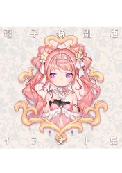 Rule 34 | 1girl, ahoge, bare shoulders, blush, border, bow, closed mouth, detached collar, dot mouth, dot nose, floral background, hair bow, hair ornament, henreader, highres, kyou kara ore wa loli no himo!, long hair, looking at viewer, navel, non-web source, off shoulder, pink hair, purple eyes, solo, tanzawa chizuru, tiara, translation request, twintails, upper body, white background, white border
