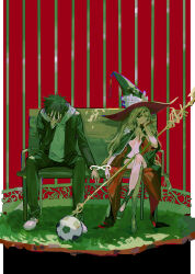1boy 1girl absurdres ball bench black_hair black_hat blonde_hair breasts cape chinese_commentary commentary_request crossed_legs dress hat highres hood hood_down hoodie jacket kamijou_touma long_hair othinus qyzhiaiyisheng short_hair sitting skull soccer_ball staff toaru_majutsu_no_index witch_hat
