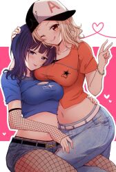 2girls :p ;) ;q asaka_karin belt black_belt blonde_hair blue_eyes blue_hair blue_pants blunt_bangs blush braid braided_bangs breasts cleavage closed_mouth commentary_request cropped_jacket denim denim_shorts detached_sleeves diverdiva fishnet_sleeves fishnet_thighhighs fishnets hand_on_another&#039;s_head heart heart_of_string highres initial invisible_chair jacket jeans kuroda_roku_(345) large_breasts letterboxed looking_at_viewer love_live! love_live!_nijigasaki_high_school_idol_club medium_hair midriff miyashita_ai multiple_girls navel one_eye_closed orange_eyes orange_jacket outline outside_border pants pink_background short-sleeved_jacket short_shorts short_sleeves shorts sideways_hat sitting sleeves_past_wrists smile thighhighs tongue tongue_out v v-shaped_eyebrows white_belt white_outline