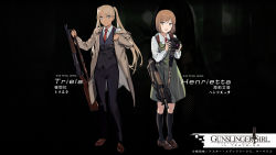 2girls ammunition black_background brown_hair bullet bullpup camera crossover dark-skinned_female dark_skin duoyuanjun fn_5.7x28mm girls&#039;_frontline bad_tag bad_tag gun gunslinger_girl handgun_cartridge henrietta_(gunslinger_girl) high-capacity_magazine highres horizontal_magazine jacket long_hair looking_at_viewer military_cartridge multiple_girls official_art p90 pdw_cartridge personal_defense_weapon pistol_cartridge pump_action see-through_clothes shotgun submachine_gun triela weapon winchester_model_1897