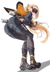 Rule 34 | 1girl, absurdres, ass, bent over, black pants, black shoes, black shrug, blindfold, blonde hair, camouflage, camouflage pants, closed mouth, commentary, covered eyes, dutch angle, eye mask, fingerless gloves, from behind, gloves, glowing mask, highres, long hair, pants, ponytail, shoes, shrug (clothing), smile, solo, tight clothes, tight pants, trigger (zenless zone zero), vic 1223, white background, zenless zone zero