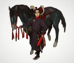 1girl avatar:_the_last_airbender avatar_legends azula belt black_belt black_hair boots coat hand_on_own_hip highres horse looking_at_viewer medium_hair mossacannibalis saddle simple_background smile solo standing sword tassel topknot weapon white_background yellow_eyes