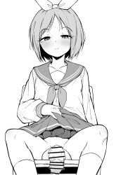 Rule 34 | 1futa, bar censor, blush, censored, closed mouth, clothes lift, futanari, greyscale, heart, heart-shaped pupils, highres, hiiragi tsukasa, large penis, lifting own clothes, lucky star, makin tama, monochrome, neckerchief, no panties, penis, sailor collar, school uniform, serafuku, short hair, sitting, skirt, skirt lift, smile, socks, solo, symbol-shaped pupils, testicles