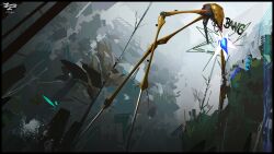 absurdres alien bare_tree commentary cyborg day energy_cannon energy_weapon english_commentary forest from_below half-life_(series) highres monster monster_focus nature no_humans sound_effects strider_(half-life) tomafumi tree