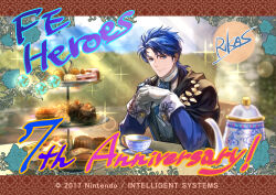 1boy anniversary artist_name blue_eyes blue_hair cloak desserts fire_emblem fire_emblem:_genealogy_of_the_holy_war fire_emblem_heroes gloves hedge looking_at_viewer male_focus nintendo official_art sigurd_(fire_emblem) sigurd_(tea_party)_(fire_emblem) sitting smile solo suzuki_rika title white_gloves