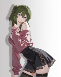 1girl absurdres alternate_costume ass bare_shoulders bra breasts cleavage finger_to_mouth green_hair highres jmx_(j_m_x) large_breasts looking_at_viewer purple_eyes see-through_clothes shadow shushing side-tie_skirt solo sousou_no_frieren thighhighs ubel_(sousou_no_frieren) underwear