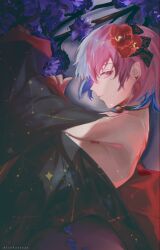 1girl absurdres airani_iofifteen airani_iofifteen_(new_year) alinfaeleas bare_shoulders bell black_choker black_kimono blue_hair bob_cut breasts choker colored_inner_hair colored_tips commentary flower from_side hair_flower hair_ornament highres hololive hololive_indonesia japanese_clothes jingle_bell kimono long_sleeves looking_at_viewer medium_breasts multicolored_hair neck_bell no_bra off_shoulder official_alternate_costume official_alternate_hair_length official_alternate_hairstyle open_clothes open_kimono parted_lips pink_hair print_kimono profile purple_eyes red_flower short_hair sideboob sideways_glance solo starry_sky_print upper_body virtual_youtuber wide_sleeves