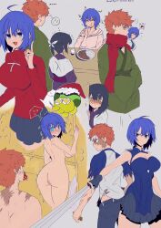 Rule 34 | 1boy, 2girls, absurdres, bare shoulders, between fingers, black-framed eyewear, black hair, black keys (type-moon), black thighhighs, blood, blue dress, blue eyes, blue hair, blush, bodysuit, breasts, brown eyes, ciel (tsukihime), clothing cutout, colored skin, cosplay, dark skin, diamond cutout, dress, emiya shirou, emiya shirou (prisma illya), fate/kaleid liner prisma illya, fate (series), glasses, gloves, hair between eyes, hair ornament, hairclip, highres, holding, holding weapon, kanshou &amp; bakuya (fate), large breasts, long hair, long sleeves, miyu edelfelt, multicolored hair, multicolored skin, multiple girls, nasu kinoko, nosebleed, orange hair, planted, planted sword, planted weapon, powered ciel, raglan sleeves, red hair, red scarf, red sweater, ribbon, scarf, shirt, shokobr, short hair, sidelocks, skirt, sleeveless, sleeveless bodysuit, sleeveless dress, small breasts, streaked hair, sweater, sword, thighhighs, tohsaka rin, tohsaka rin (cosplay), tsukihime, tsukihime (remake), turtleneck, two-tone skin, type-moon, vest, weapon, white hair, yellow eyes, yellow vest, zettai ryouiki
