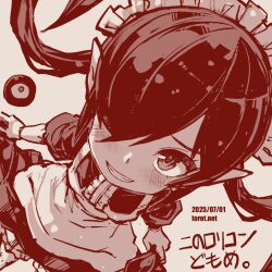 Rule 34 | 1girl, apron, backbeako (torotei), backbeard, bloomers, blush, commentary request, curtsey, dated, dated commentary, dress, dutch angle, gegege no kitarou, gloves, grin, hair over one eye, kono lolicon domome, long hair, looking at viewer, maid, maid headdress, monochrome, original, paid reward available, pointy ears, red theme, short sleeves, simple background, smile, solo, torotei, translated, twintails, underwear, watermark, web address, white background