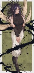 1girl absurdres black_shirt blue_eyes blue_hair dark_blue_hair full_body fushiguro_tsumiki highres insect_wings jujutsu_kaisen lips looking_at_viewer pants rei_(poro06625649) shirt sleeveless solo spiked_hair spoilers white_pants wings yorozu_(jujutsu_kaisen)