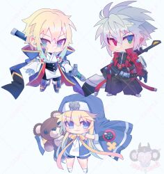 3boys aqua_eyes aqua_hair arc_system_works bike_shorts black_gloves black_pants blazblue blazblue:_continuum_shift blonde_hair blue_eyes bridget_(guilty_gear) chibi fingerless_gloves gloves gradient_hair green_eyes grey_hair guilty_gear guilty_gear_xx habit hakama hakama_pants heterochromia highres holding holding_sword holding_weapon jacket japanese_clothes kisaragi_jin looking_at_viewer male_focus mars_symbol medium_hair melty_uchuu multicolored_hair multiple_boys nun pants ragna_the_bloodedge red_eyes red_jacket ribbon roger_(guilty_gear) short_hair_with_long_locks smile stuffed_animal stuffed_toy sword teddy_bear trap uniform weapon yellow_ribbon yo-yo yukianesa