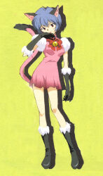 Rule 34 | 1girl, animal ears, ayanami rei, black footwear, black gloves, blue hair, cat ears, cat girl, cat tail, full body, gloves, green background, highres, licking, neon genesis evangelion, red eyes, red ribbon, ribbon, sadamoto yoshiyuki, shadow, short hair, solo, standing, tail
