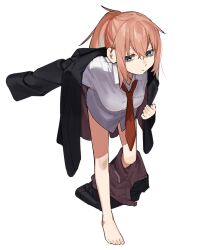 Rule 34 | 1girl, bags under eyes, barefoot, black jacket, black pants, black suit, blue eyes, collared shirt, commentary, dress shirt, formal clothes, full body, hair between eyes, highres, jacket, leaning forward, long hair, michinoku komaro, muchi maro, necktie, open clothes, open jacket, oversized clothes, pants, pants around one leg, pink hair, ponytail, red necktie, second-party source, seitokai ni mo ana wa aru!, shirt, solo, suit, suit jacket, undressing, white shirt