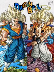 4boys abs absurdres black_vest black_wrist_cuffs blonde_hair blue_pants blue_sash blue_shirt commentary_request copyright_name cropped_vest dougi dragon_ball dragonball_z earrings evolutionary_line full_body gogeta halo hands_on_own_hips highres hiro_(udkod1ezlyi2flo) jewelry medium_hair metamoran_vest multiple_boys muscular muscular_male no_shirt open_clothes open_vest orange_sash orange_shirt pants potara_earrings sash serious shirt single_earring smirk son_goku spiked_hair super_saiyan super_saiyan_1 trait_connection vegeta vegetto vest white_pants wrist_cuffs