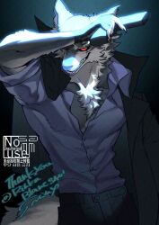 1boy arm_up black_coat black_sclera blue_background body_fur coat coat_on_shoulders colored_sclera commentary_request cowboy_shot furry furry_male grey_fur grin gun handgun holding holding_gun holding_weapon looking_at_viewer male_focus original purple_shirt red_eyes sammy_(freezingsammy) shirt slit_pupils smile solo toned toned_male weapon wolf_boy